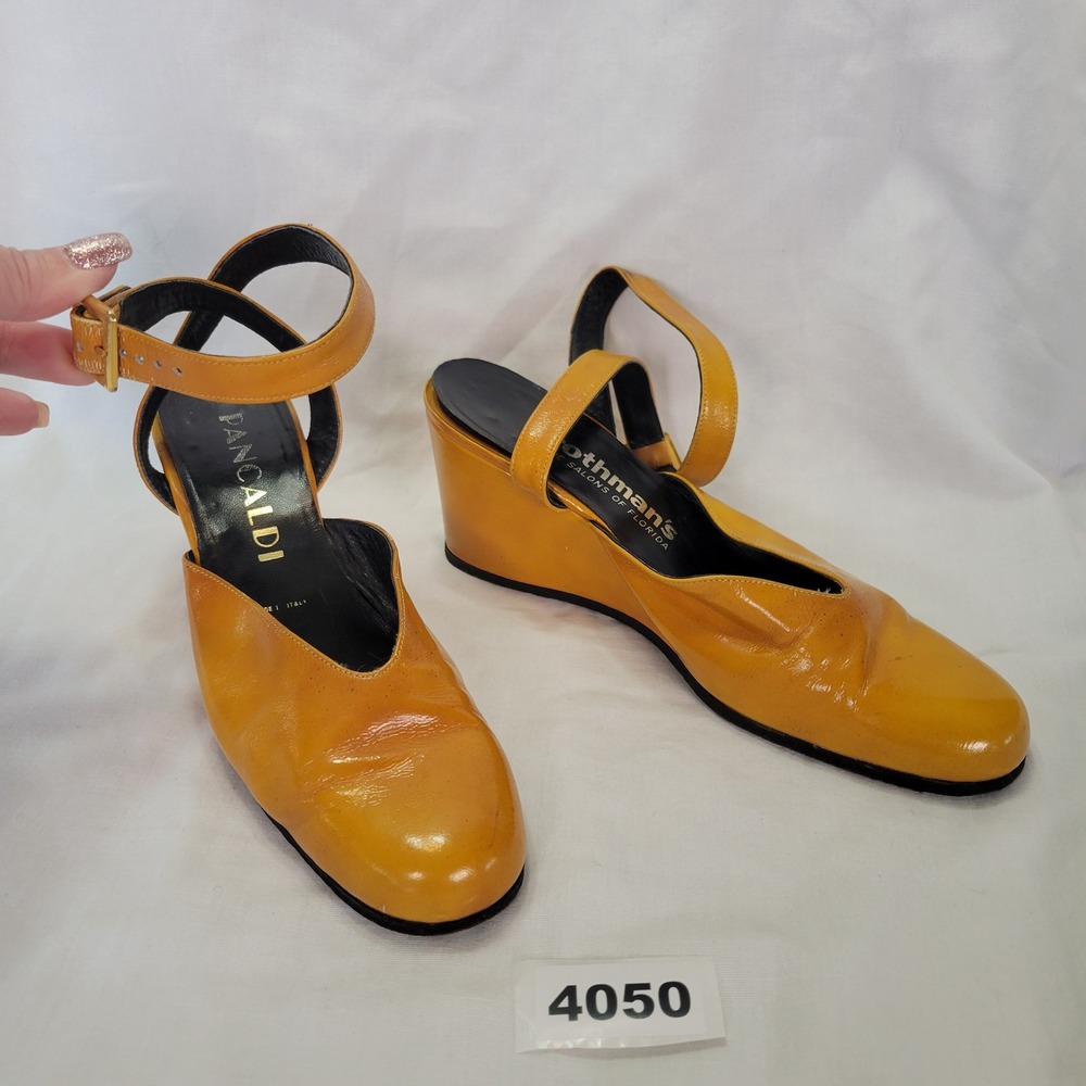 Pancaldi Italian Leather Wedge Ankle Strap Heels Shoes Mustard Yellow Size 8